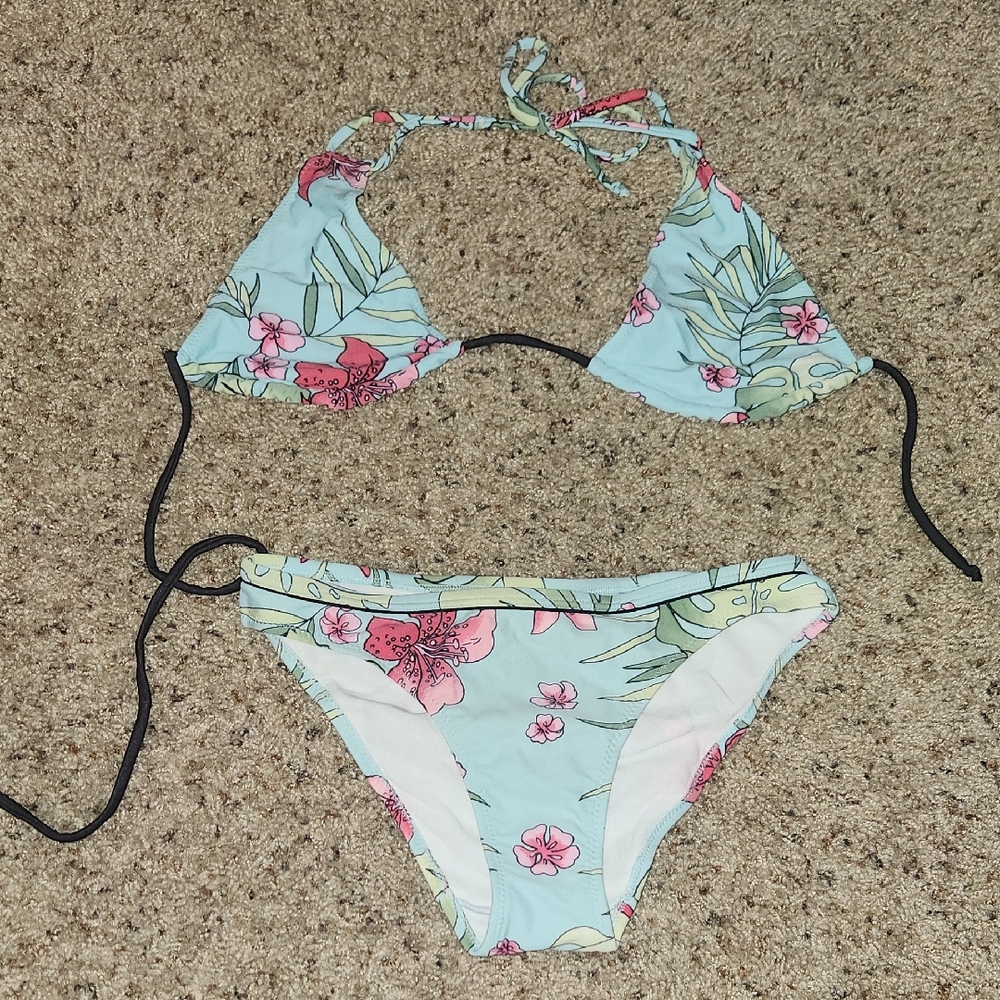 Pastel Blue Floral Triangle Bikini Set